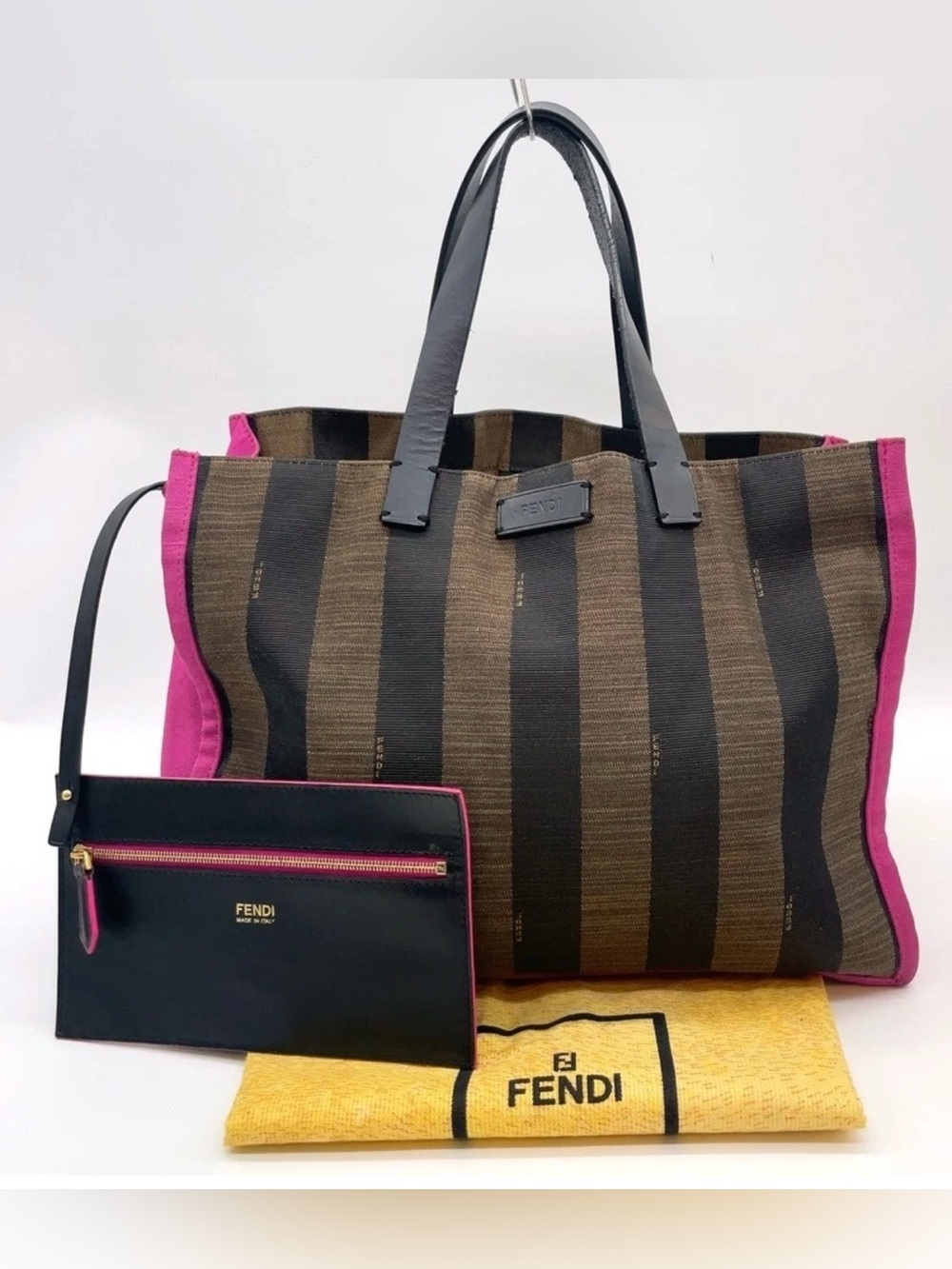 Auth Fendi Pequin Canvas Leather Brown Fuchsia Tote W/D/Pouch